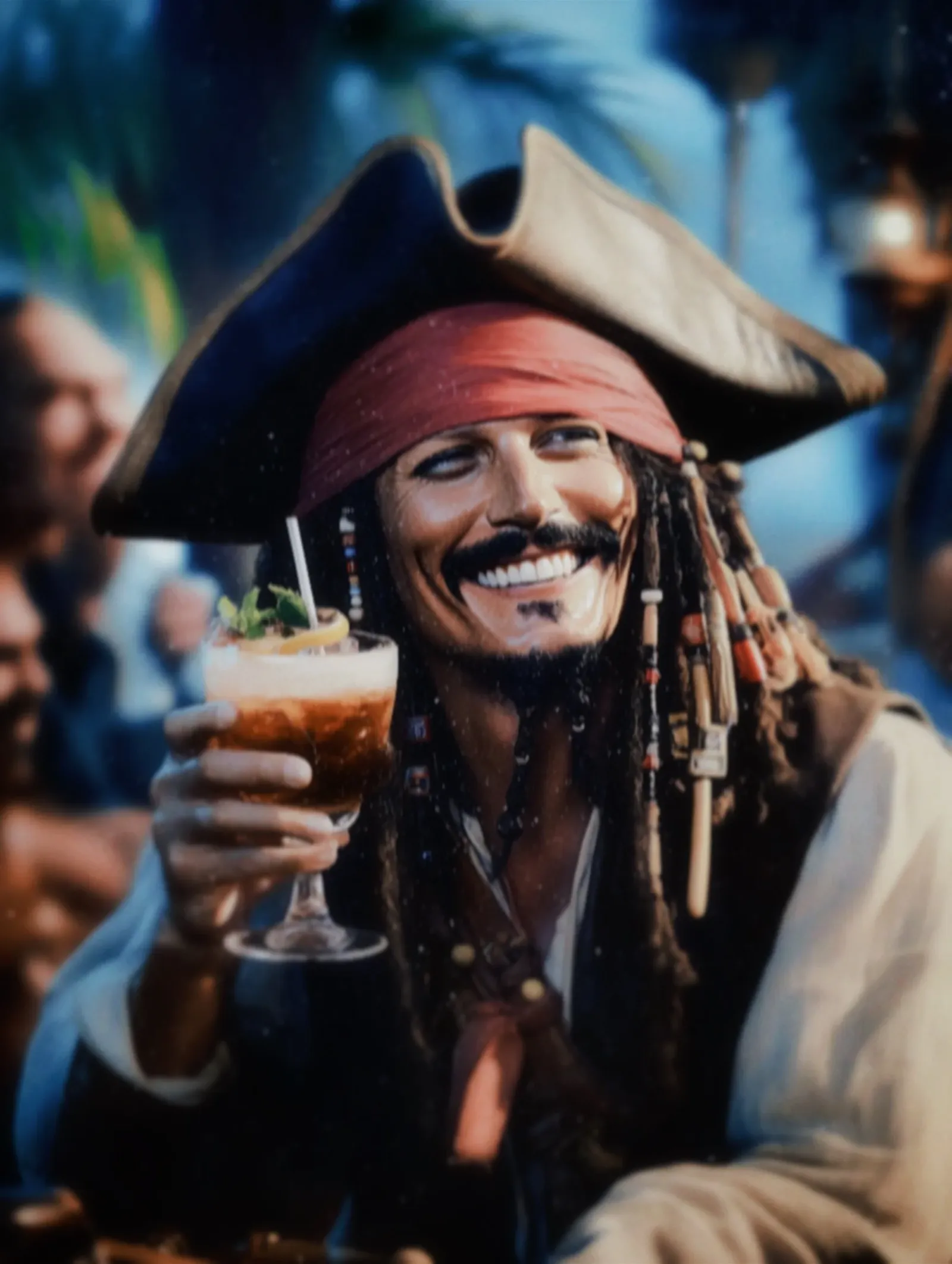 Person dressed as a pirate holding a cocktail, smiling, wearing a tricorn hat and red bandana.