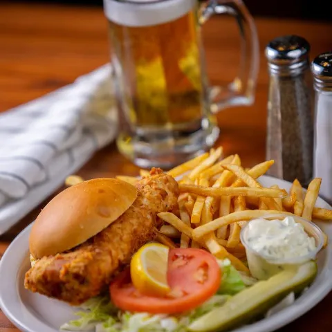 Mahi-mahi Sandwich with fries and beer