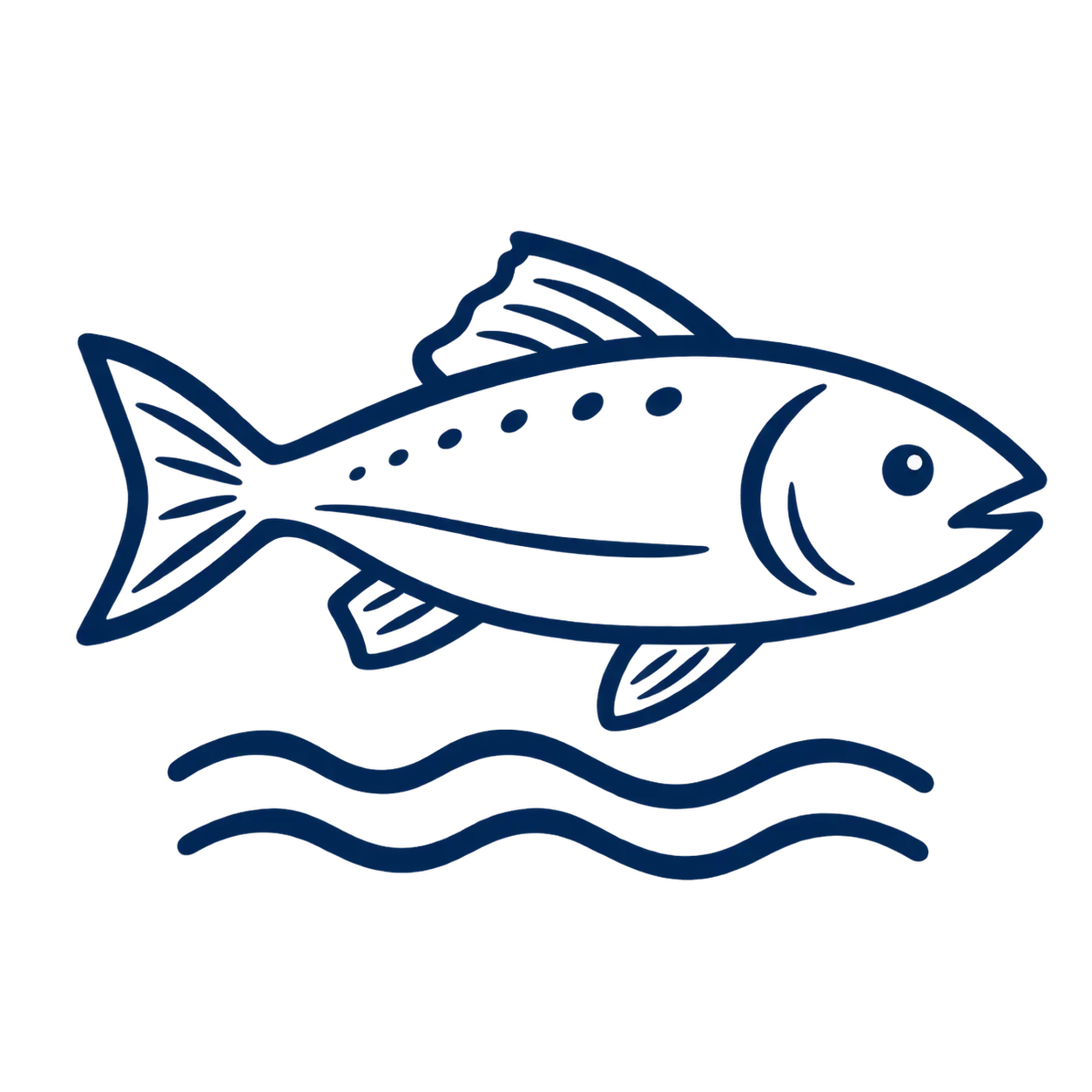 Blue outline of a fish swimming above wavy water lines