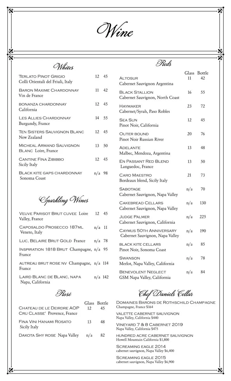 Alaina's Café wine menu