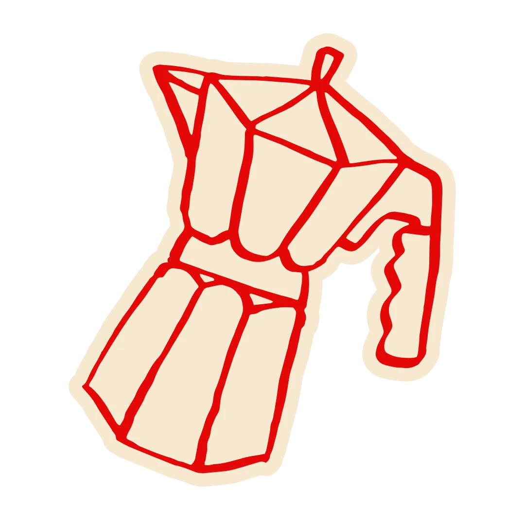 Line drawing of a moka pot with red outline and beige fill, isolated on black background.