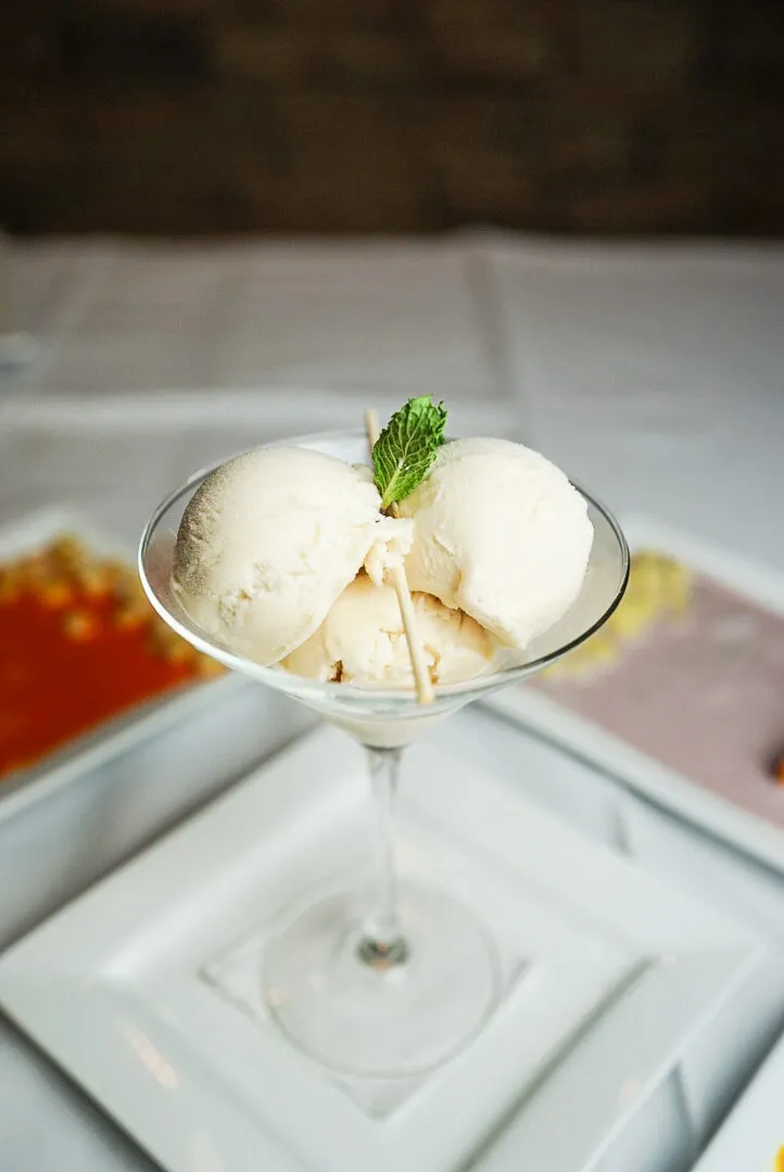 A glass of ice cream with a sprig of mint.