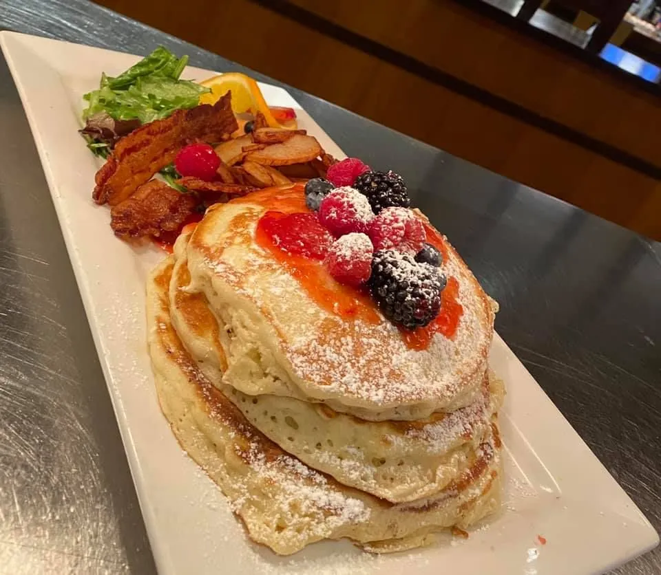 breakfast with pancakes and bacon