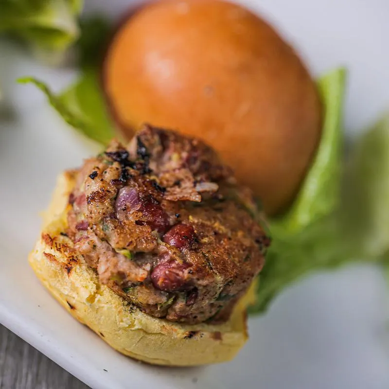 Burger closeup.