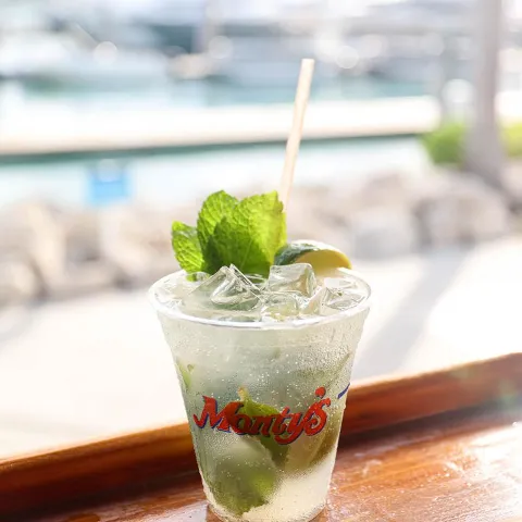 Mojito served in a clear plastic cup with mint and lime garnish, sitting by a window.