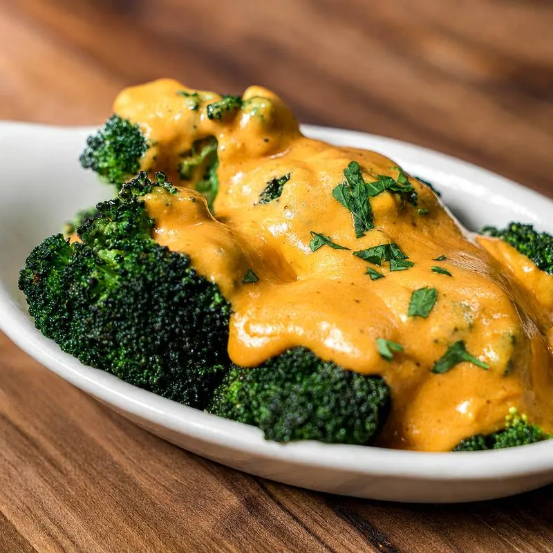 Serving of broccoli covered in beer cheese sauce and topped with herbs.