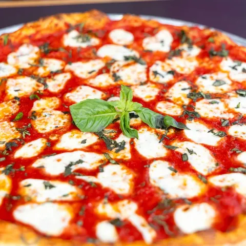 Margherita pizza with fresh mozzarella, pizza sauce and fresh basil.