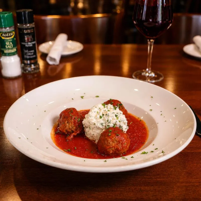 Meatballs in tomato sauce, with ricotta cheese.