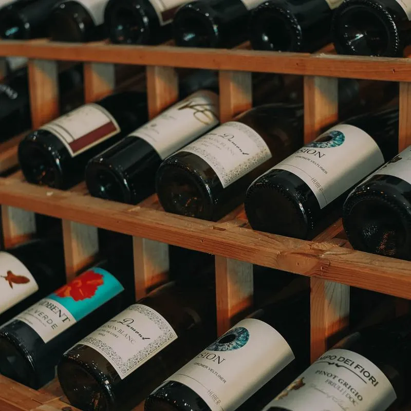 Close view of a wine racks with bottles