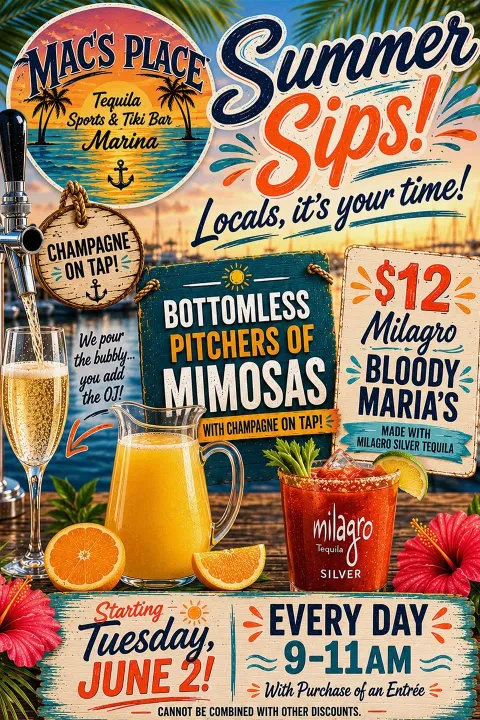 Colorful summer drink promo with mimosas, Bloody Marys, and champagne at Mac's Place, June 2, 9-11AM.