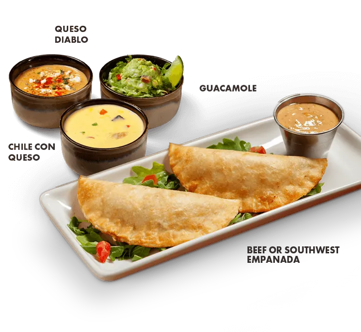 Chile con queso, queso diablo, guacamole and beef/southwest empanadas