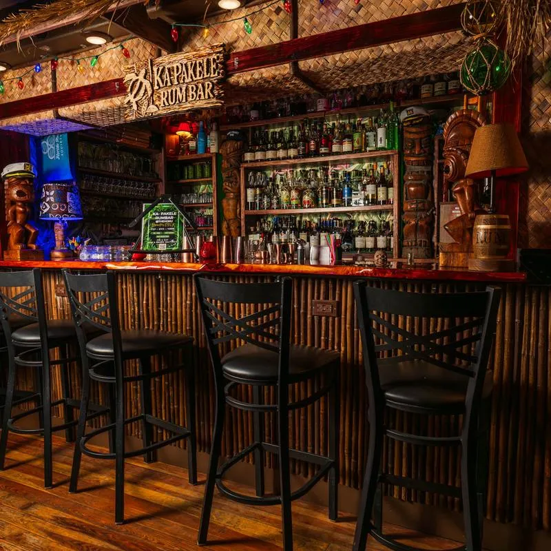 Interior, tiki themed bar.