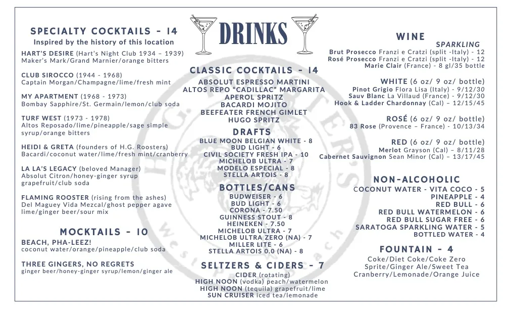H.G. Roosters drink menu featuring specialty and classic cocktails inspired by the bar's history, mocktails, drafts, bottles and cans, wine, seltzers, and non-alcoholic options with prices