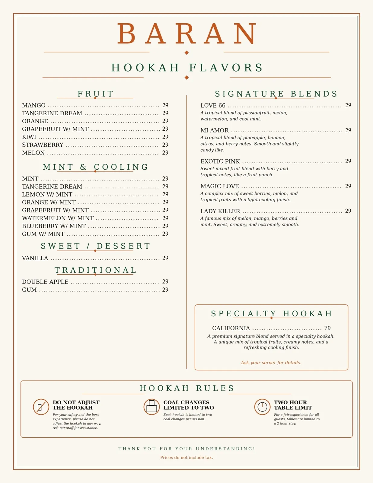BARAN hookah flavors — fruit, mint & cooling, sweet, traditional, signature blends and specialty California