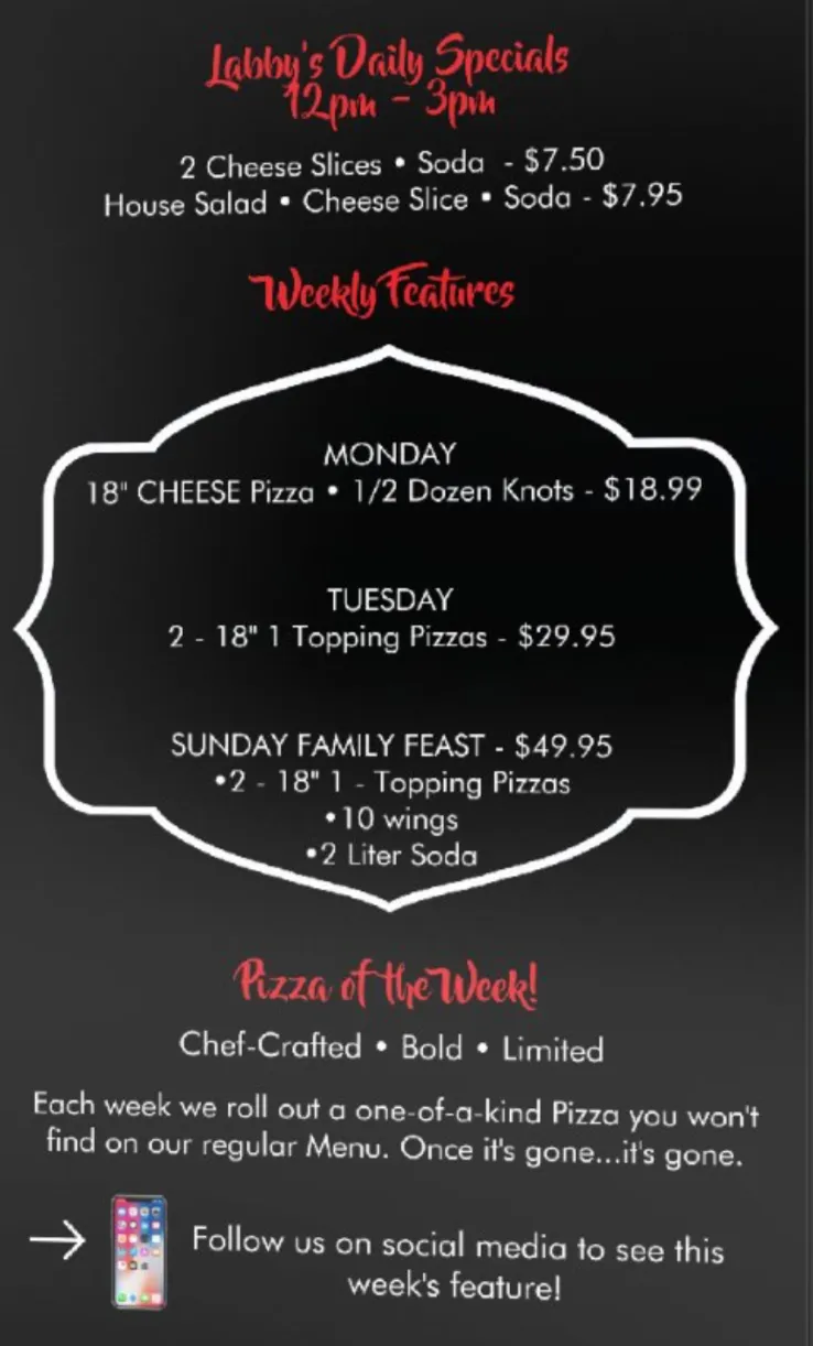 A black menu board listing daily specials, weekly features, and pizza of the week at a restaurant. Daily specials include cheese slices and sodas or house salad and cheese slice for $7.50 or $7.95. We
