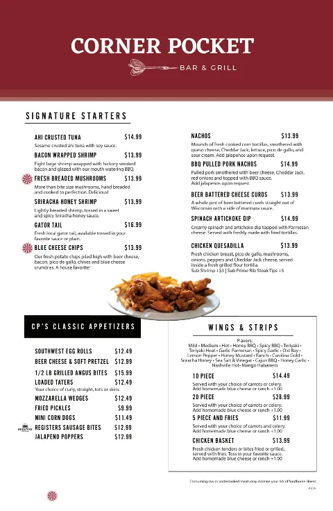 Corner Pocket, menu