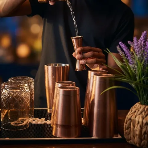 A bartender pouring a liquid into a copper jigger behind a bar, with copper cups and glassware on the counter and a small bouquet of purple flowers in a woven basket.