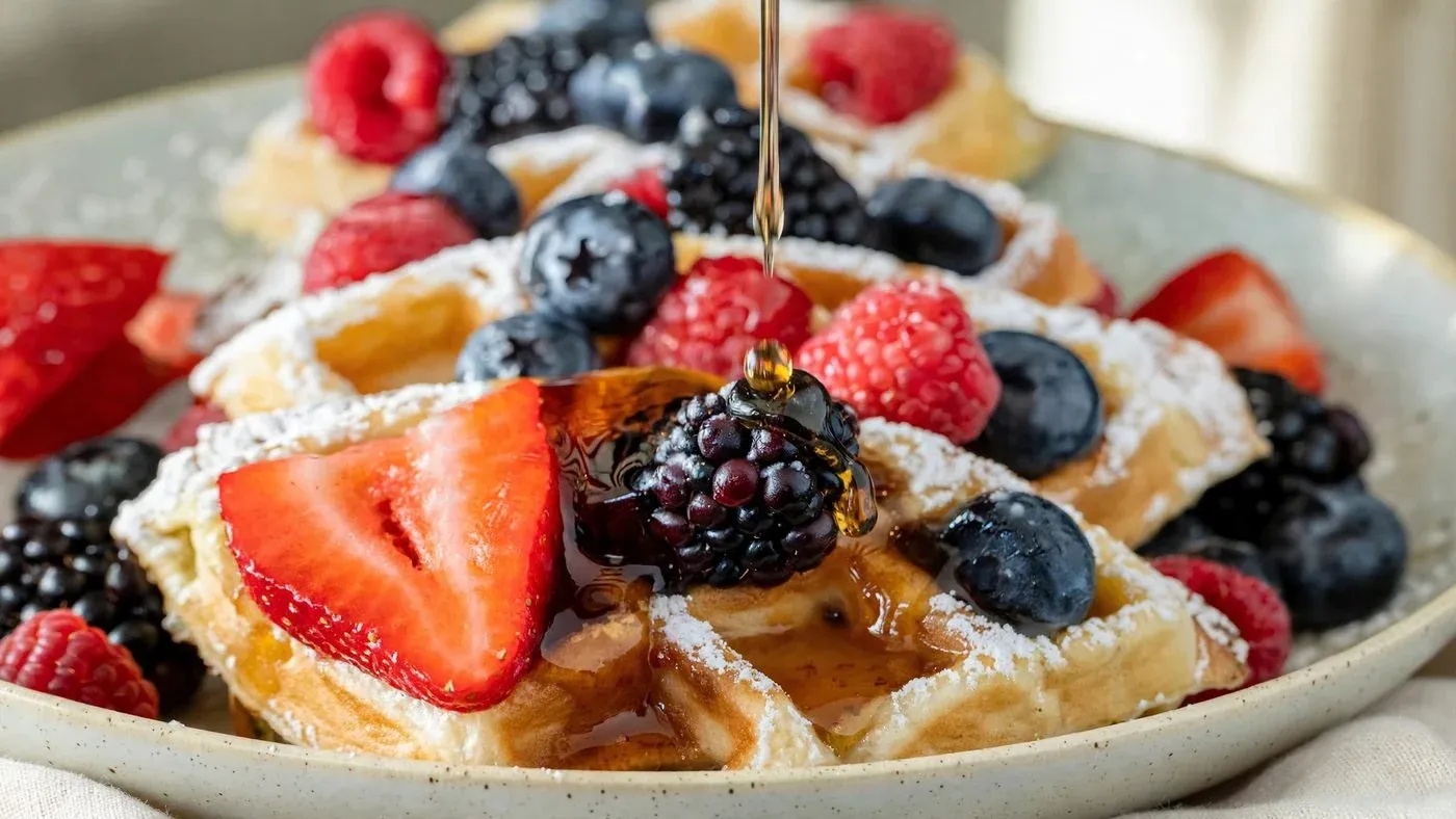 Berry waffles with syrup being poured — Wilde brunch