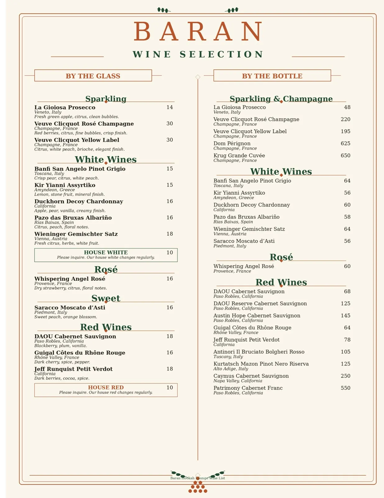 BARAN wine selection — sparkling, champagne, white, rosé and red wines by the glass and bottle