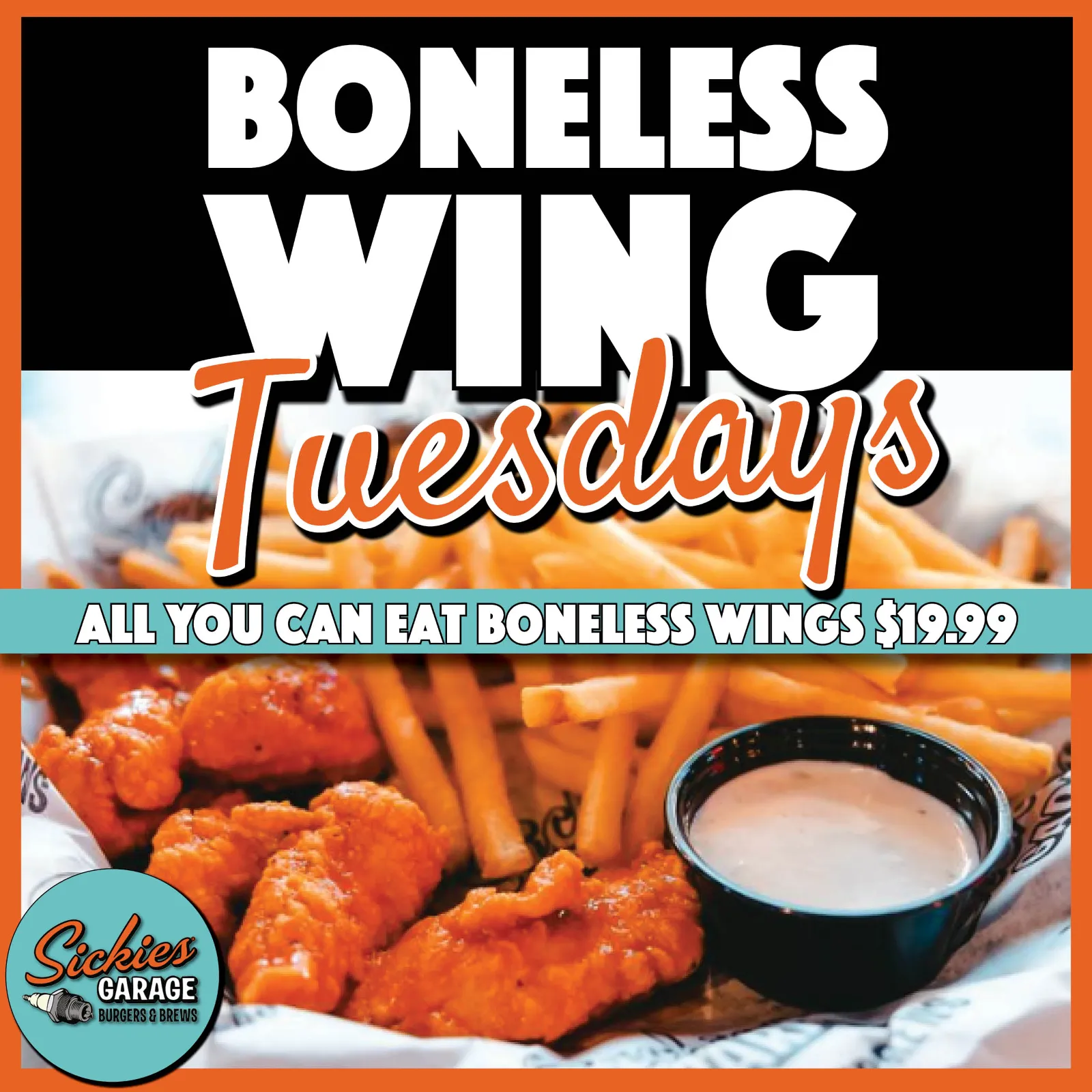Bring your appetite for all-you-can-eat boneless wings every Tuesday for just $19.99.