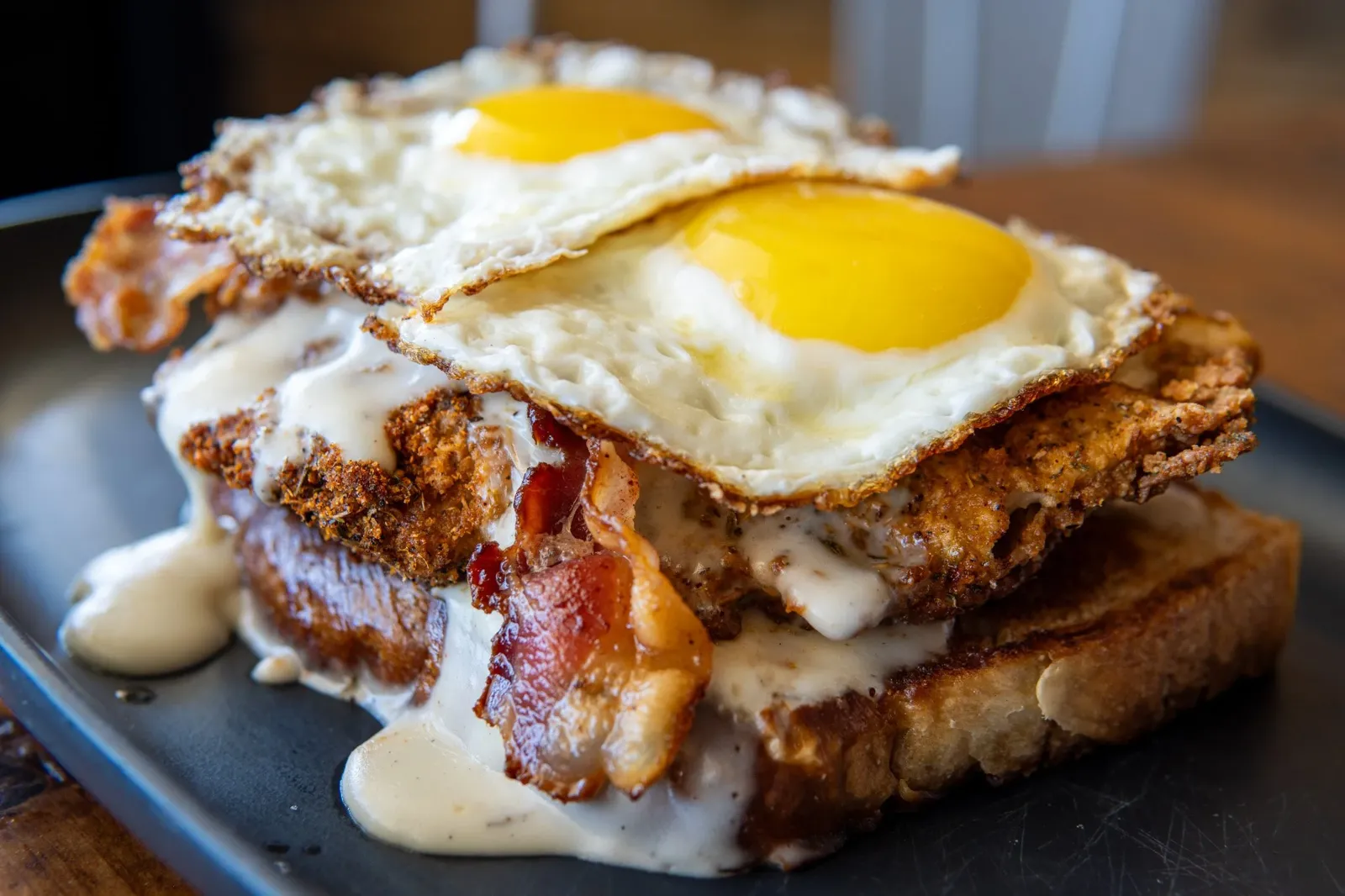 open face breakfast friend chicken sandwich