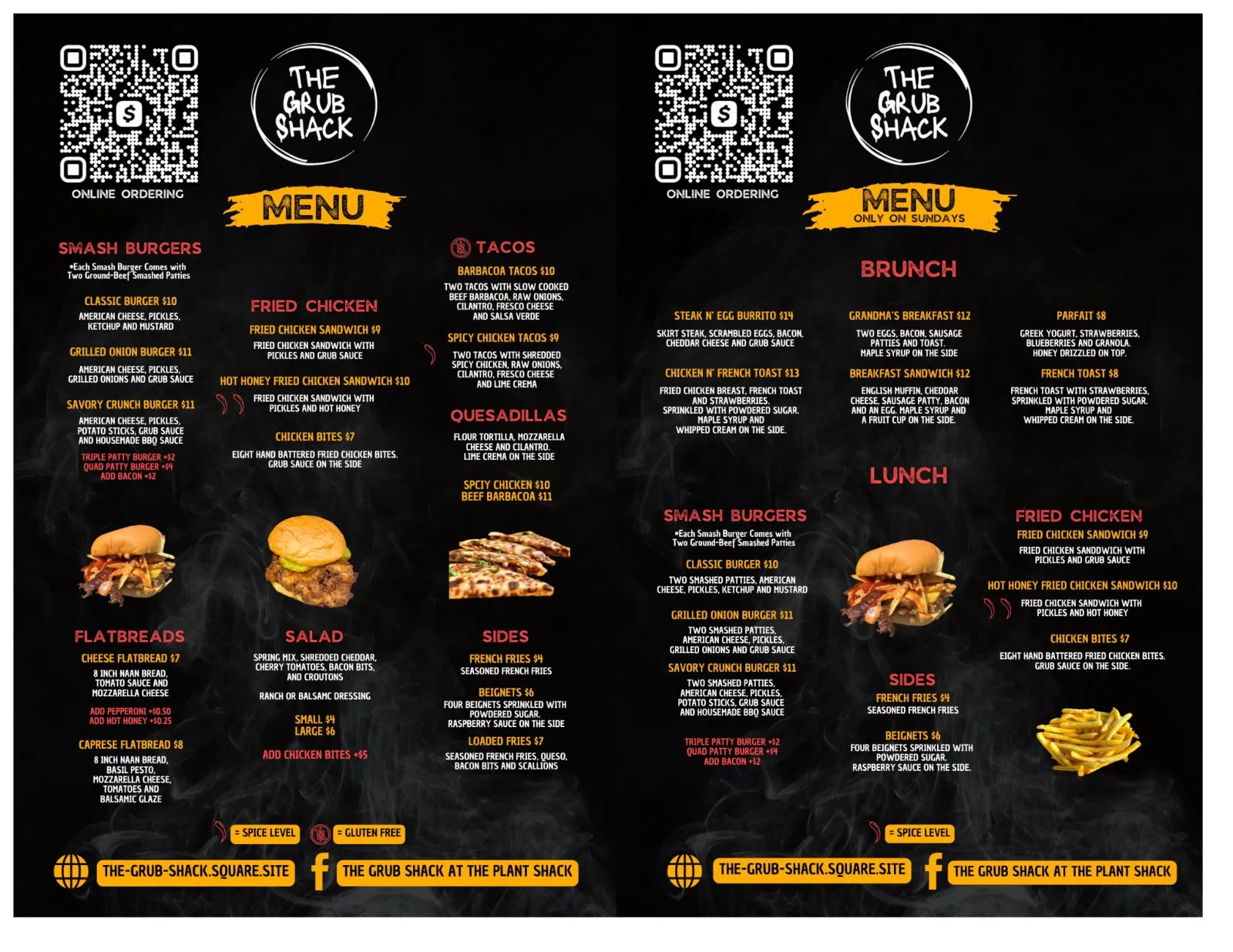 The Grub Shack food menu including lunch and Sunday brunch at The Plant Shack