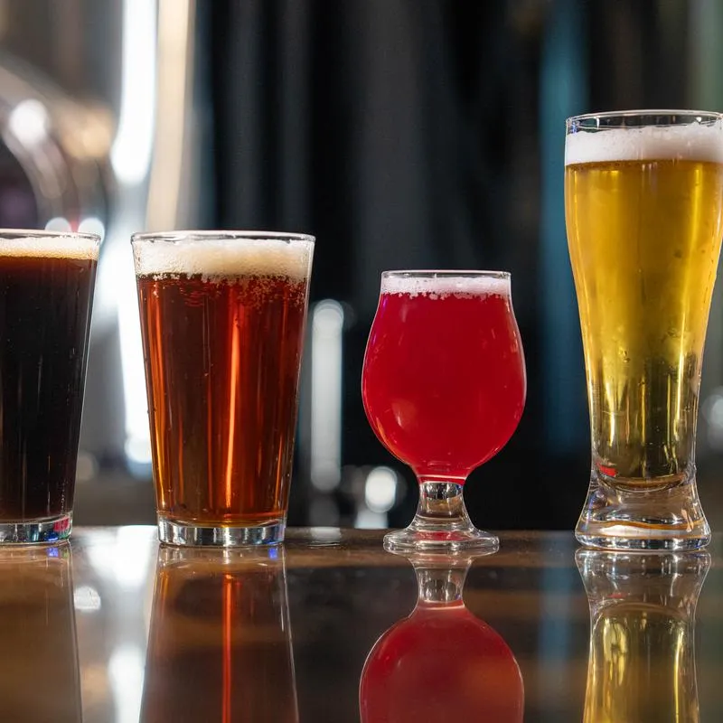 Four craft beers in different glasses lined up on a counter.