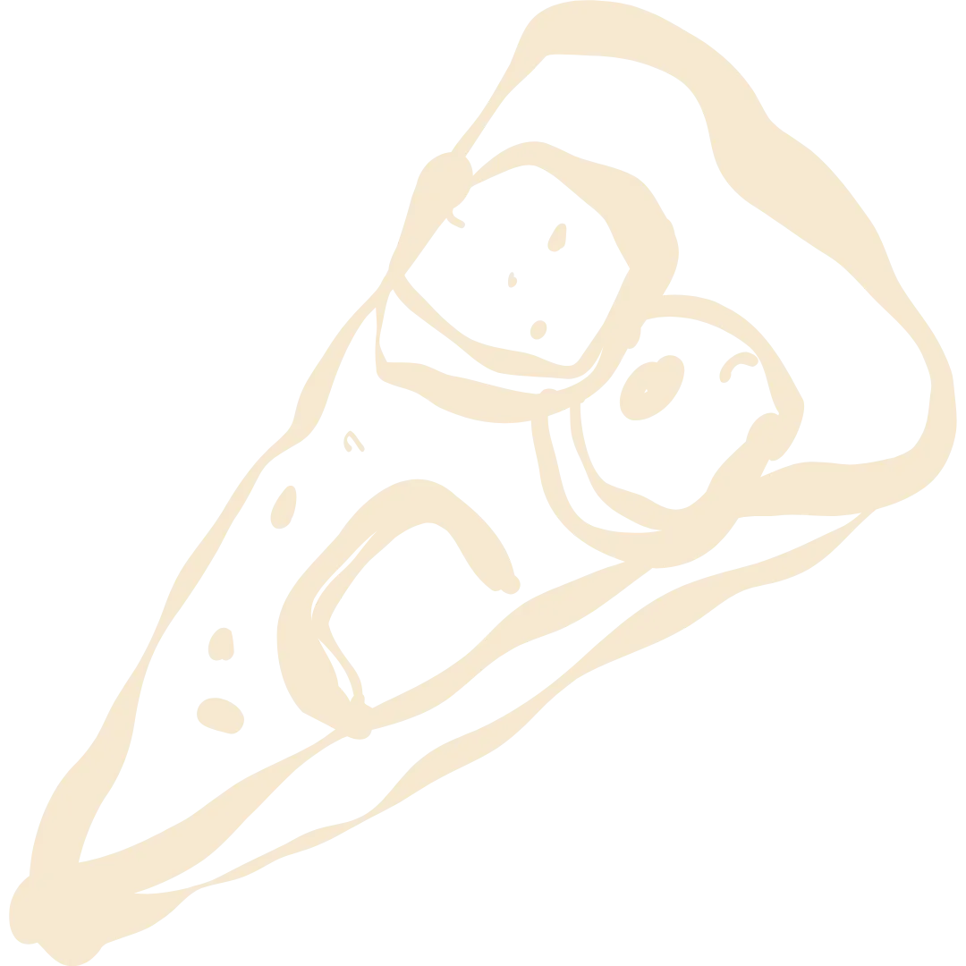 Line drawing of a single slice of pizza with cheese, pepperoni, and mushrooms on a black background.