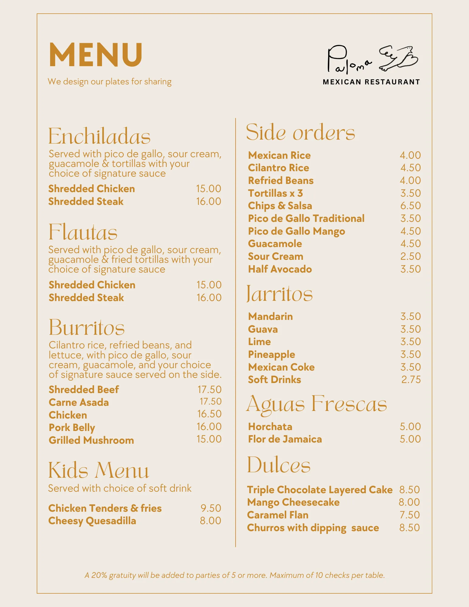 Restaurant menu from Paloma Mexican Restaurant with sections for Enchiladas, Flautas, Burritos, Kids Menu, Side orders, Jarritos, Aguas Frescas, and Dulces.