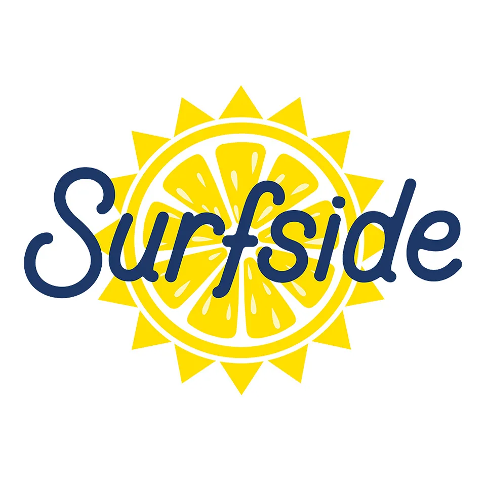 The word "Surfside" in blue over a yellow lemon slice with sun rays on a white background.