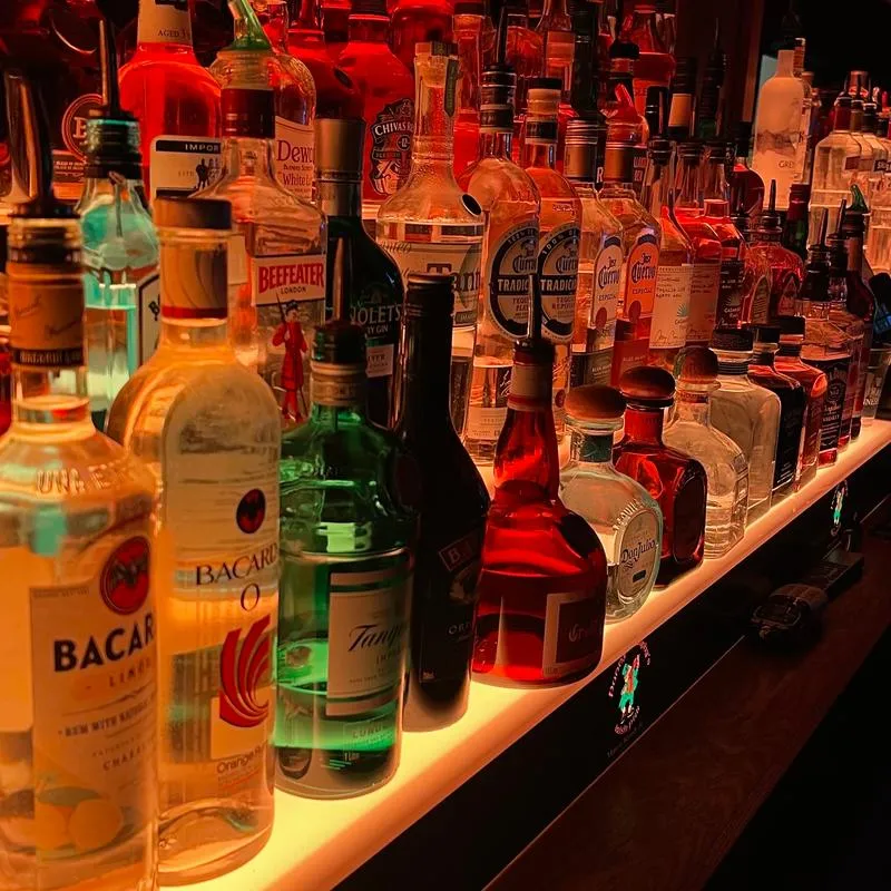 Assorted liquor bottles.