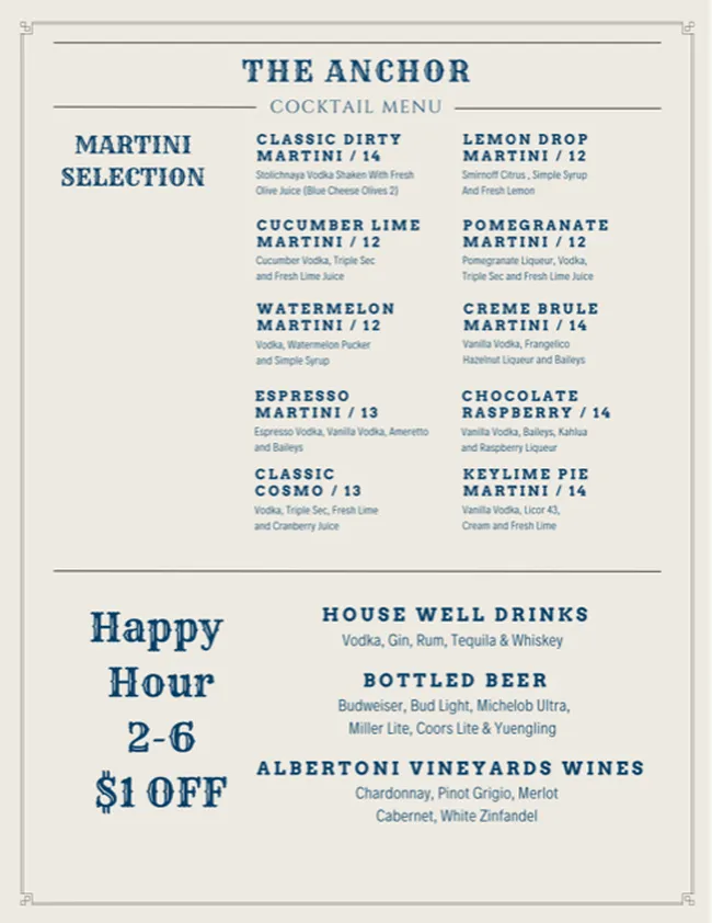 Cocktail Menu Page of The Anchor Restaurant