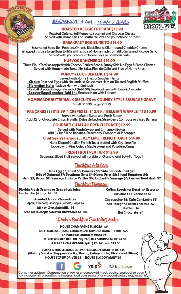 image shows the breakfast menu from Porky's Bayside Restaurant and Marina, listing various breakfast items with their prices, along with beverage options and specialty drinks
