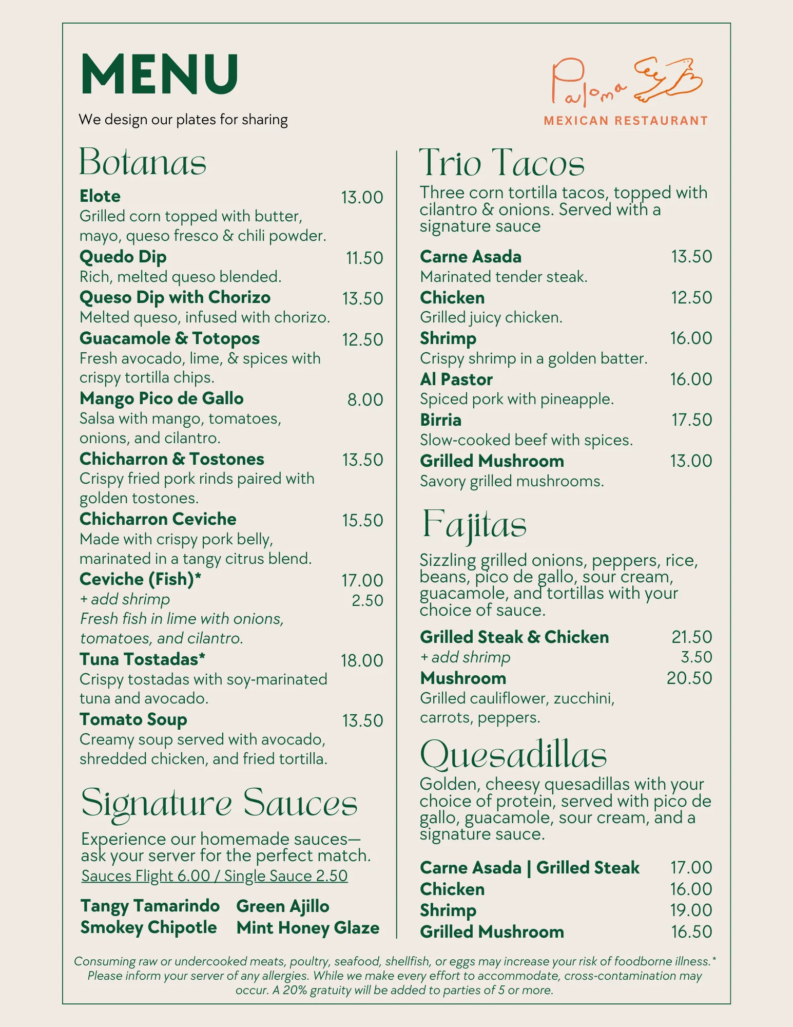 Mexican restaurant menu featuring sections for Botanas, Trio Tacos, Fajitas, and Quesadillas, with prices and descriptions for various dishes and signature sauces.