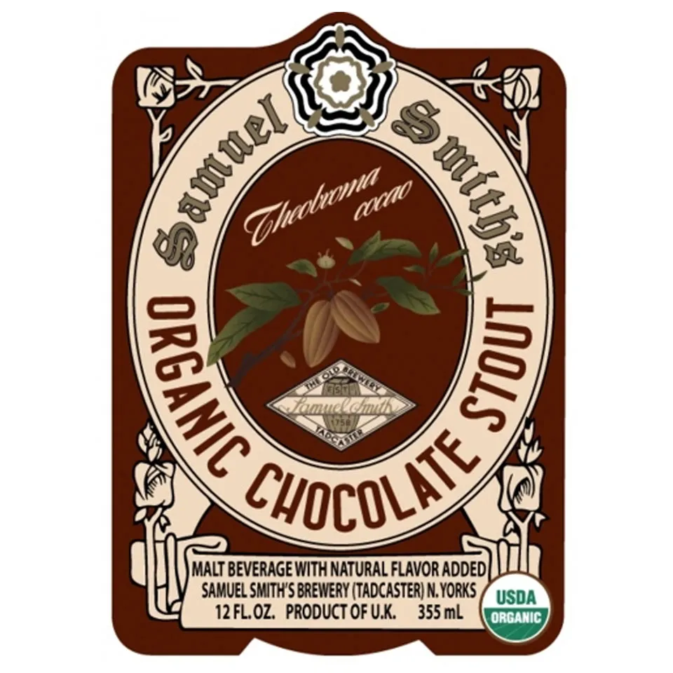Samuel Smith's Organic Chocolate Stout label with cocoa pod illustration and USDA Organic seal.