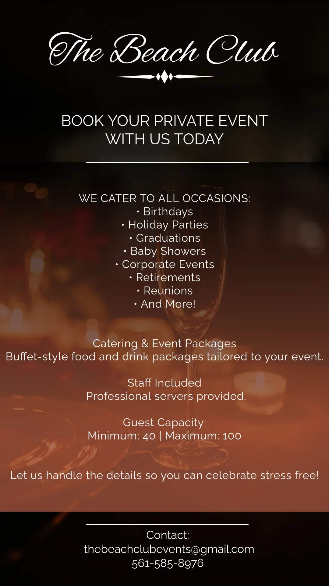Private events poster listing the occasions catered, package details, guest capacity and contact details. The same details are written out as text below this image.