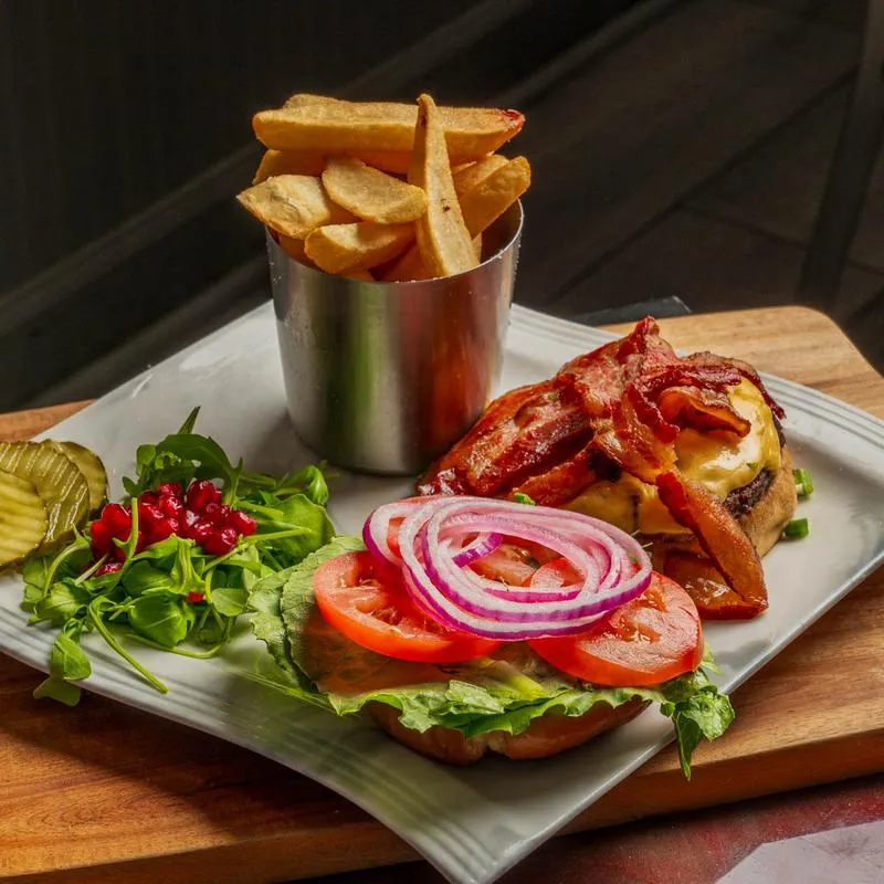 Gorgonzola BLT Burger with fries.