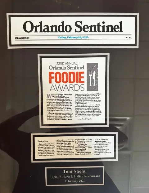 Framed Foodie Awards plaque for Torino's