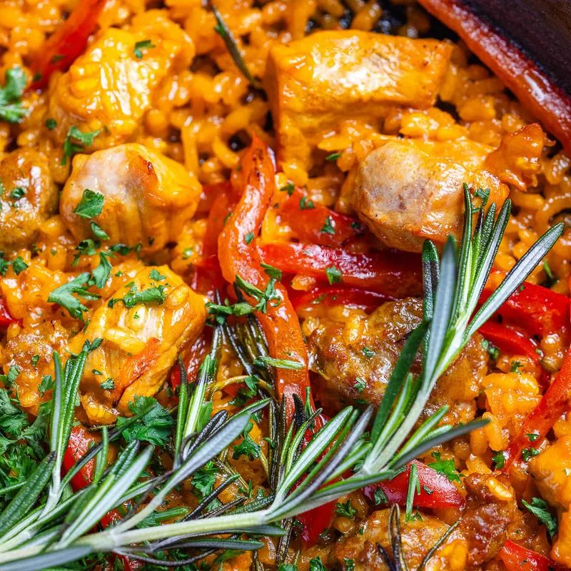 Served paella in a dish.