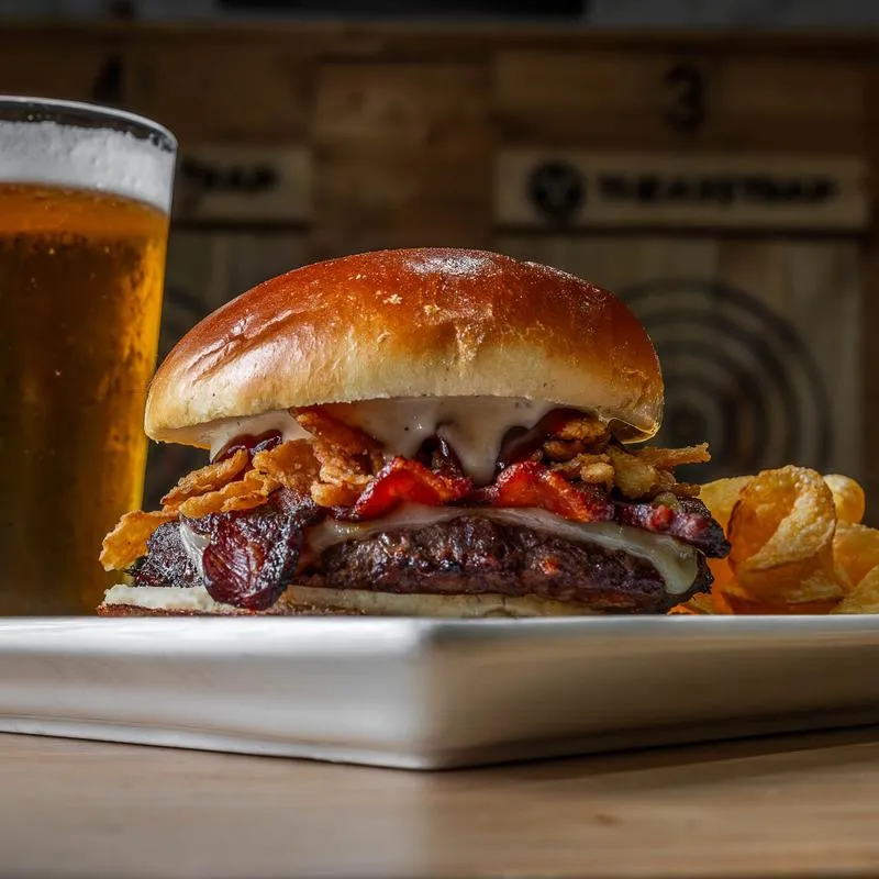 A burger with bacon, crispy onions, and chips, served with a beer