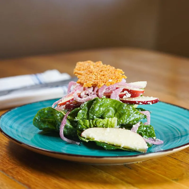 Salad with greens, pickled red onion, apple slices, and parmesan crisp.