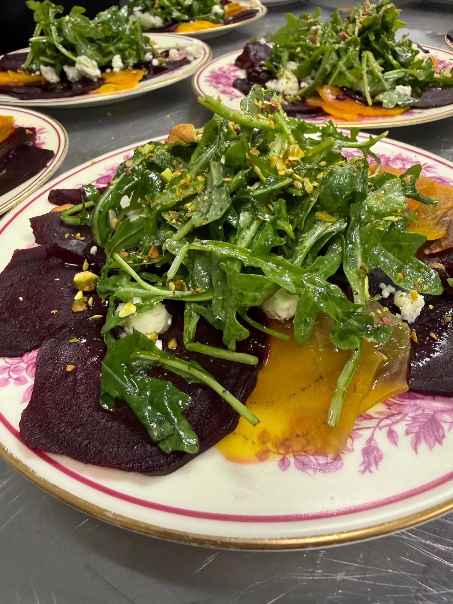 Roasted beet salad with arugula, pistachio and goat cheese