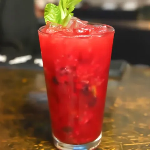 Cocktail served in a tall glass filled wit ice and garnished with fresh mint leaves.