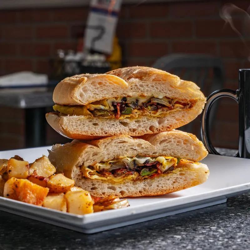 The Betty sandwich with bacon, pepper, onions, tomato, cheese, eggs and side of home fries.
