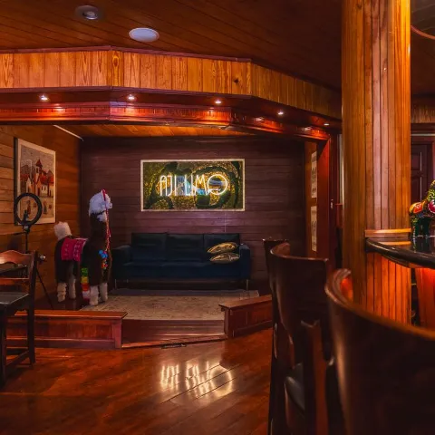 Wooden interior design, seating area, bar.