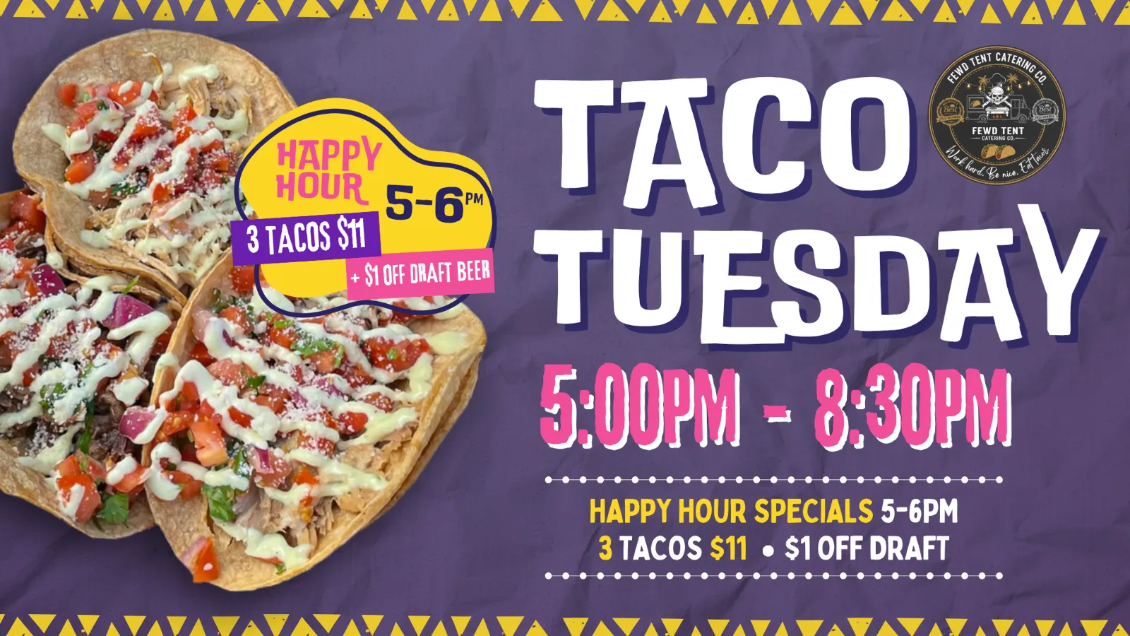 Taco Tuesday graphic for Corporate Ladder Brewing in Palmetto, FL featuring Fewd Tent tacos, happy hour from 5 to 6pm, 3 tacos for $11, and $1 off draft beer.