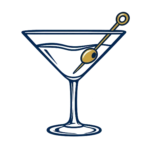 Sketch of a martini glass with a gold cocktail pick and olive on a white background