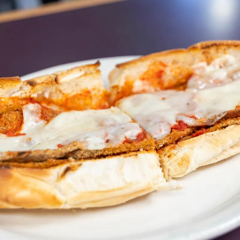 Eggplant Parmagana sub sandwich, close-up.