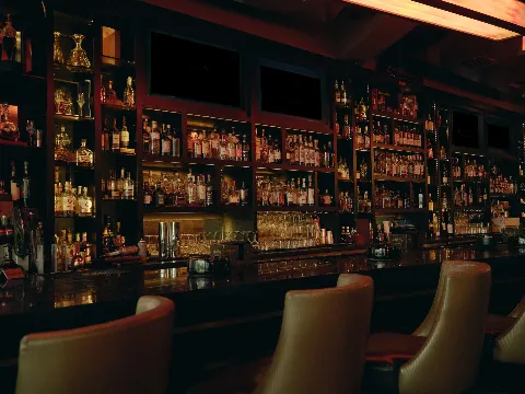Interior of a dimly lit bar with shelves filled with bottles of alcohol, a dark countertop, and beige barstools in the foreground.