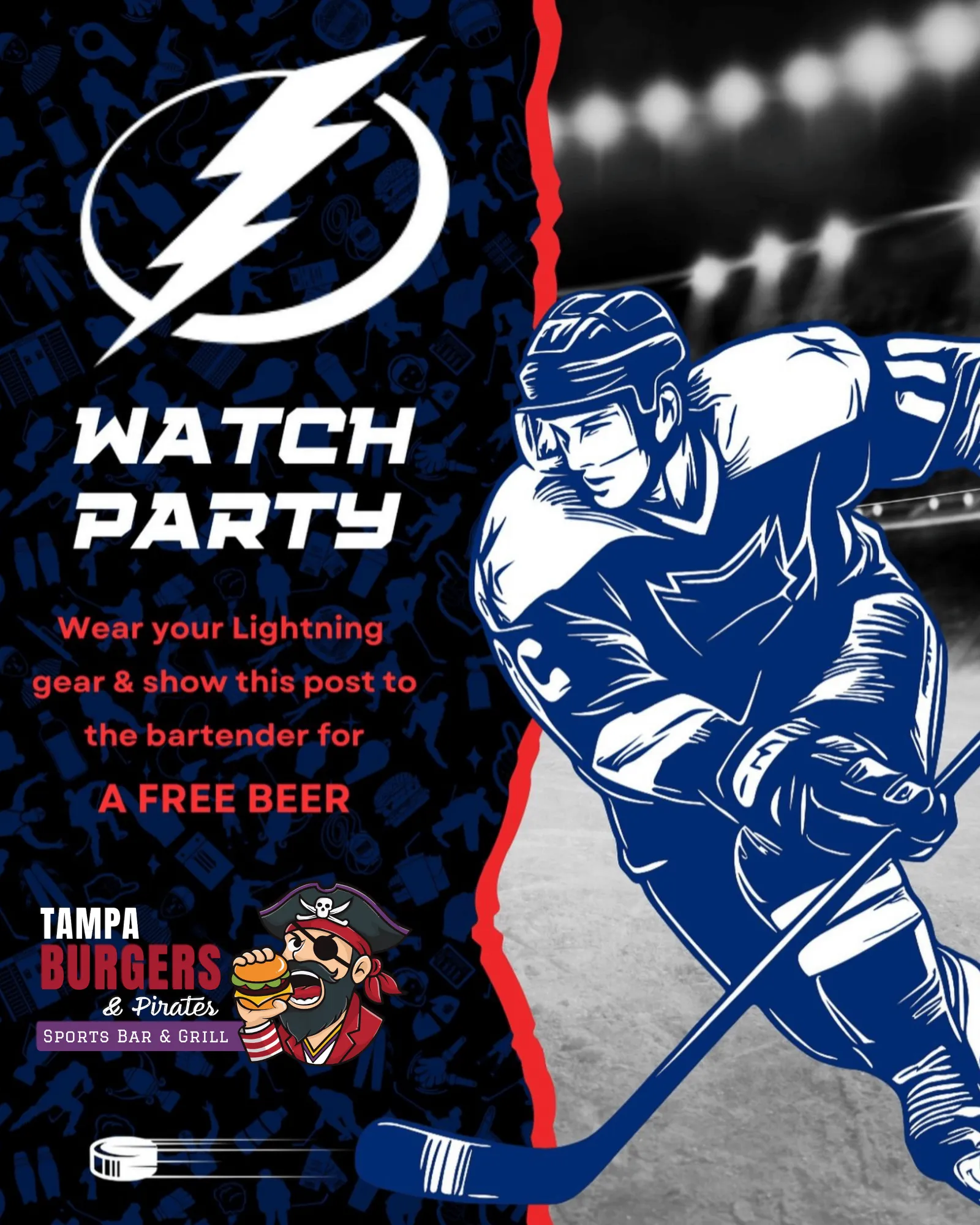 Tampa Bay Lightning Watch Party at Tampa Burgers and Pirates, get a free bear when you wear your lightning gear